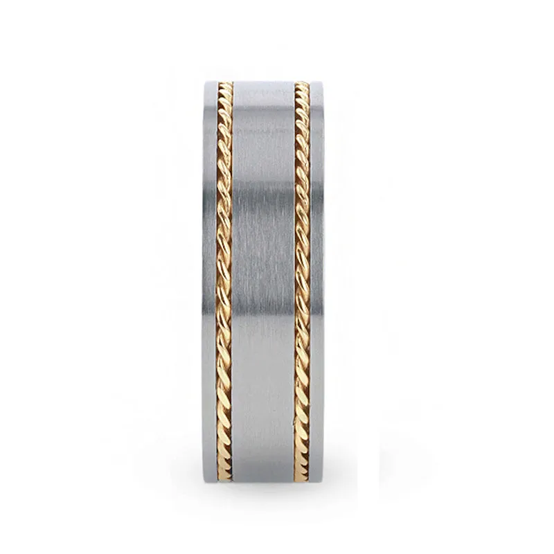 Thorsten FERDINAND Titanium Brushed Finish Flat Men's Wedding Ring With 14K Yellow Gold Dual Braided Inlay - 8mm