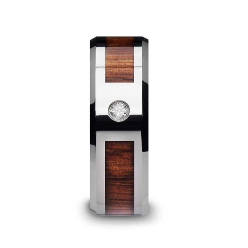 Thorsten KAHUNA Tungsten Carbide Beveled Edged Diamond Wedding Band with Koa Wood Inlay & Polished Edges - 8mm