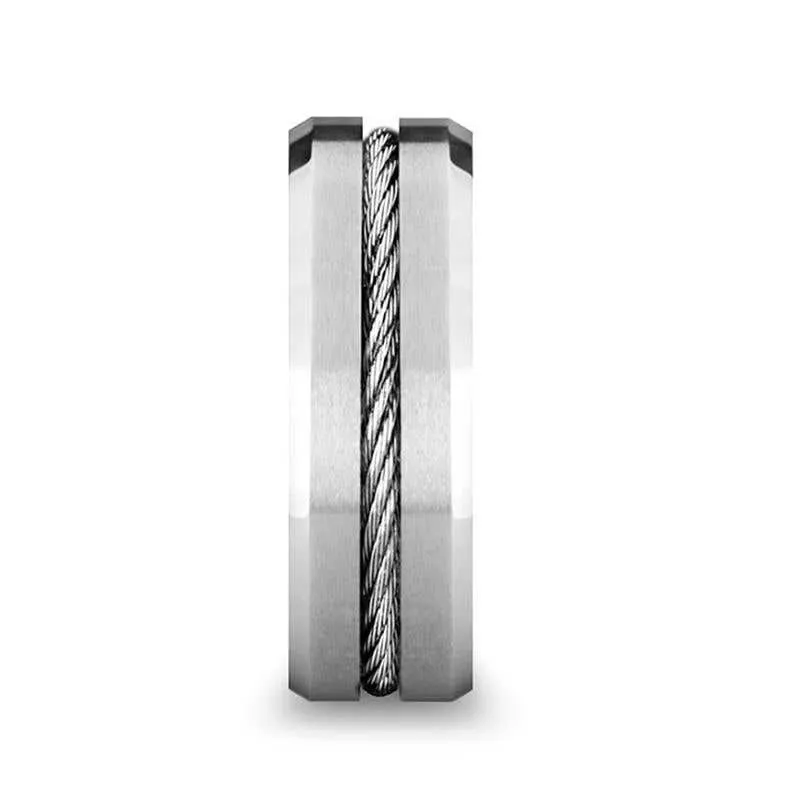 Thorsten LANNISTER Tungsten Flat Wedding Band with Steel Wire Cable Inlay & Beveled Edges - 8mm