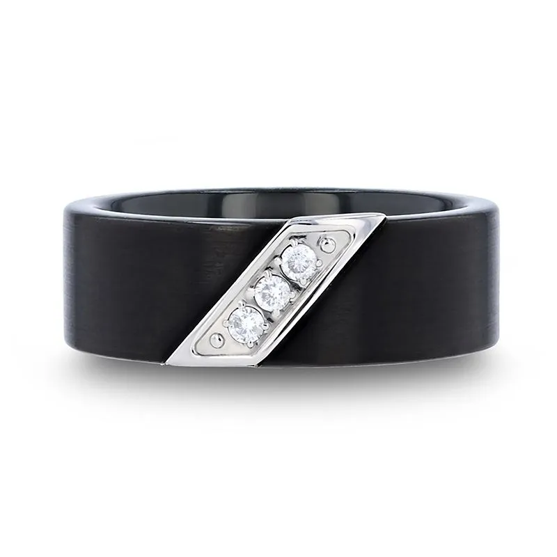 Thorsten LIAM Flat Black Satin Finished Tungsten Carbide Wedding Band with Diagonal Diamonds Set in Stainless Steel - 8mm