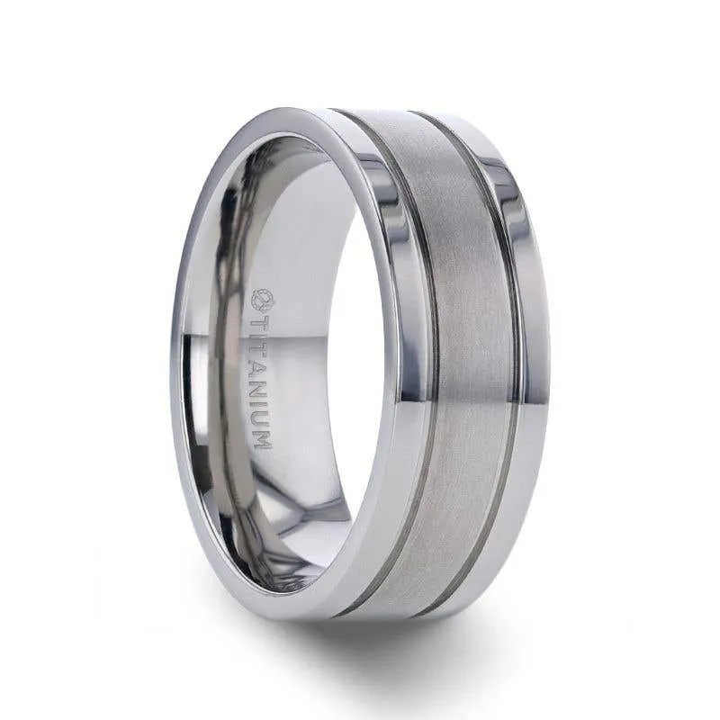 Thorsten MAGNUM Flat Polished Edge Titanium Band with Offset Grooves and Satin Center - 8mm