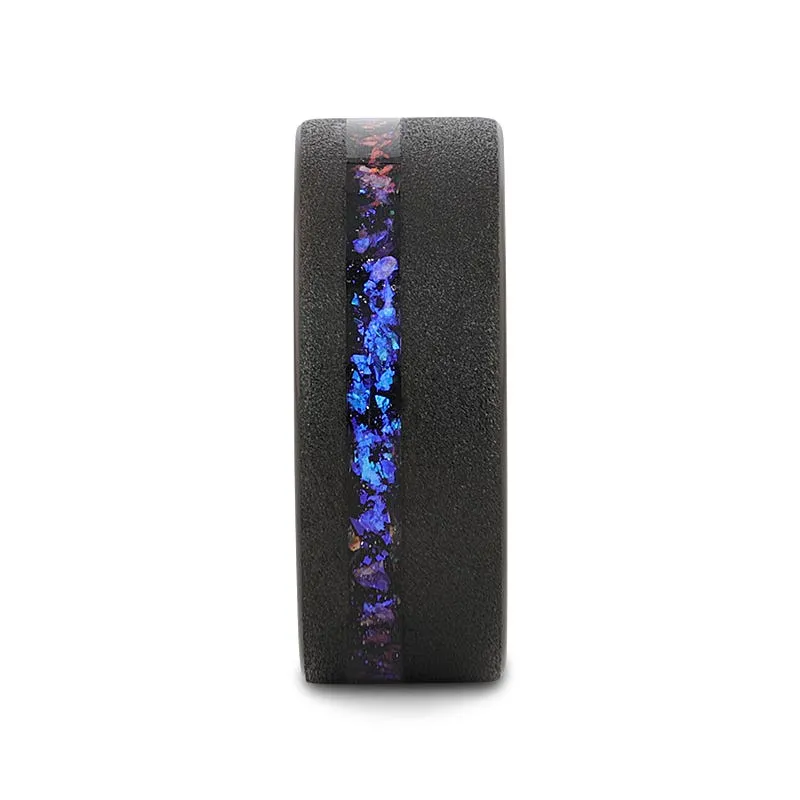Thorsten MIRAGE Sandblasted Black Tungsten Ring with Crushed Alexandrite and Dark Blue & Purple Crushed Goldstone - 8mm