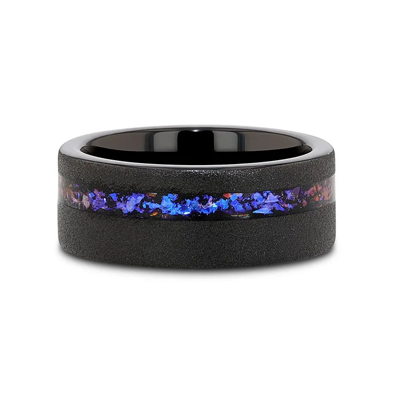 Thorsten MIRAGE Sandblasted Black Tungsten Ring with Crushed Alexandrite and Dark Blue & Purple Crushed Goldstone - 8mm