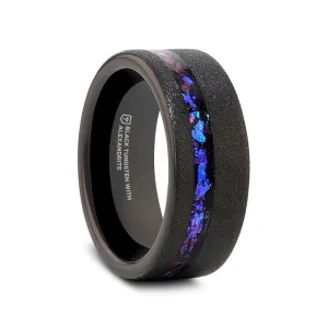 Thorsten MIRAGE Sandblasted Black Tungsten Ring with Crushed Alexandrite and Dark Blue & Purple Crushed Goldstone - 8mm