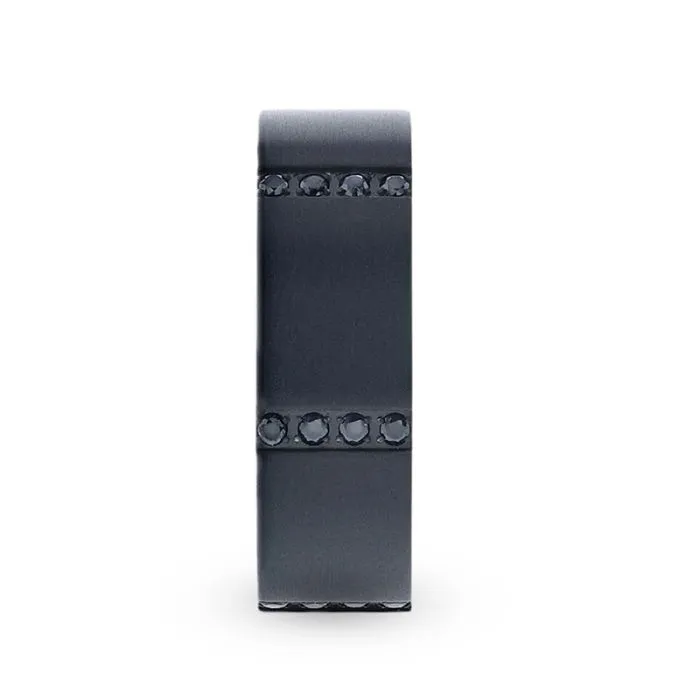 Thorsten MYSTERIOUS Flat Brushed Black Titanium Ring With 6 Sets of Quadruple Black Sapphires In Horizontal Channels