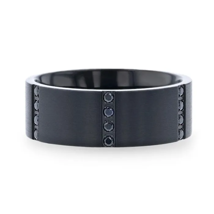 Thorsten MYSTERIOUS Flat Brushed Black Titanium Ring With 6 Sets of Quadruple Black Sapphires In Horizontal Channels