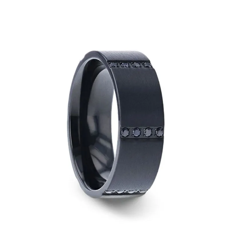 Thorsten MYSTERIOUS Flat Brushed Black Titanium Ring With 6 Sets of Quadruple Black Sapphires In Horizontal Channels