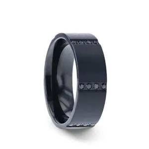 Thorsten MYSTERIOUS Flat Brushed Black Titanium Ring With 6 Sets of Quadruple Black Sapphires In Horizontal Channels