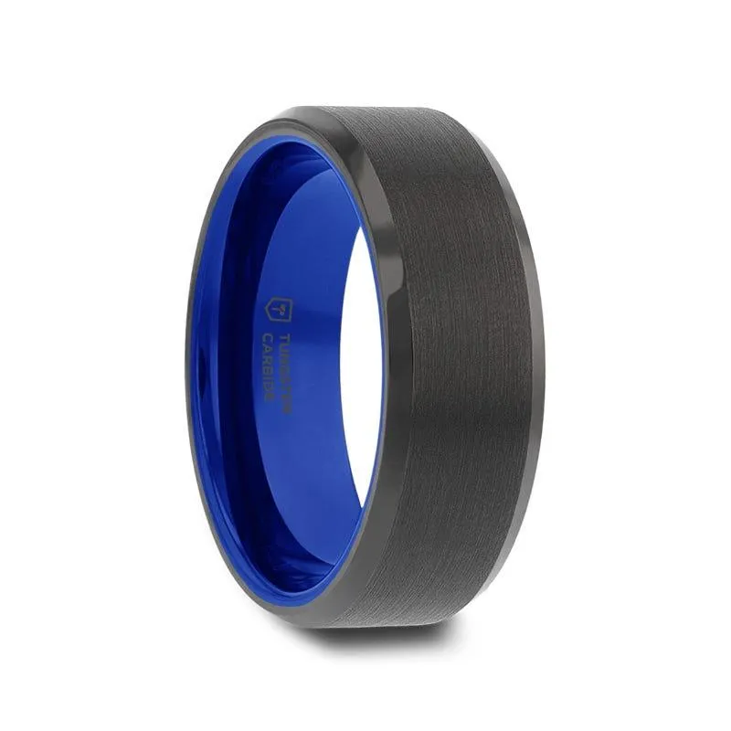 Thorsten RIGEL Flat Beveled Edges Black Tungsten Ring with Brushed Center and Vibrant Blue Ceramic Inside - 6mm & 8mm