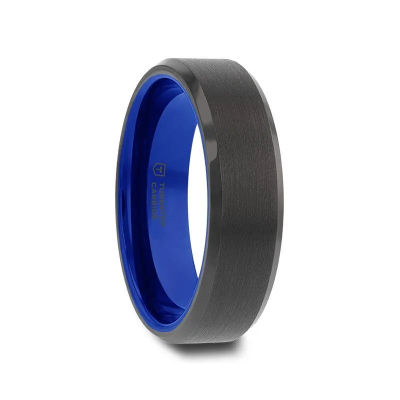 Thorsten RIGEL Flat Beveled Edges Black Tungsten Ring with Brushed Center and Vibrant Blue Ceramic Inside - 6mm & 8mm