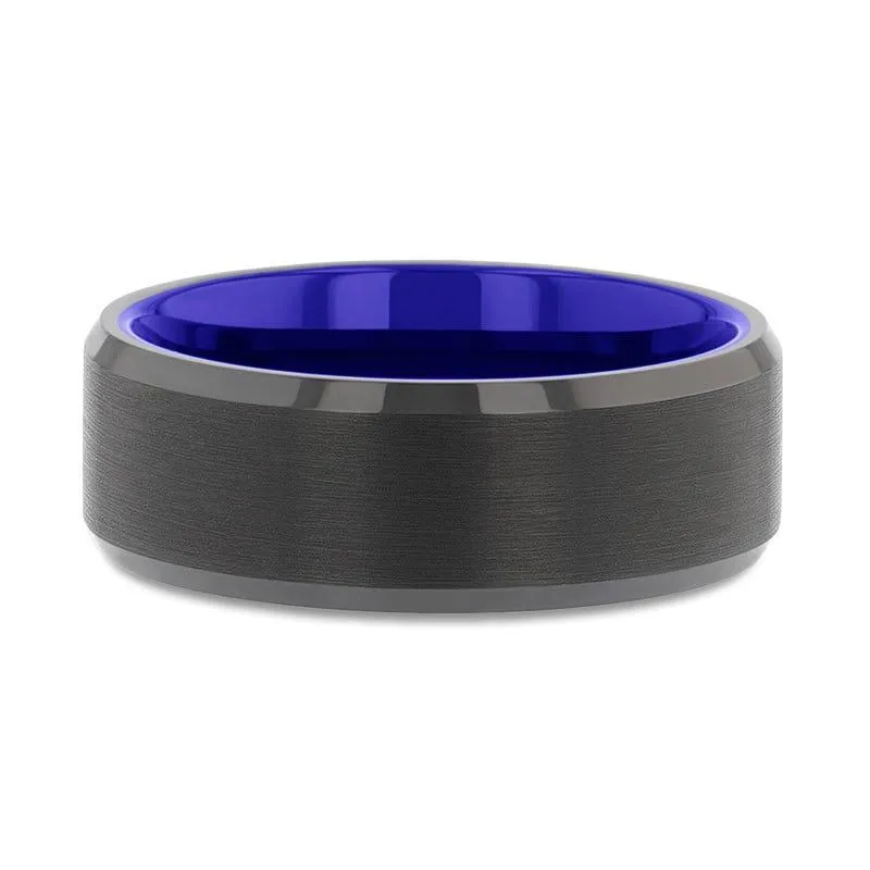 Thorsten RIGEL Flat Beveled Edges Black Tungsten Ring with Brushed Center and Vibrant Blue Ceramic Inside - 6mm & 8mm