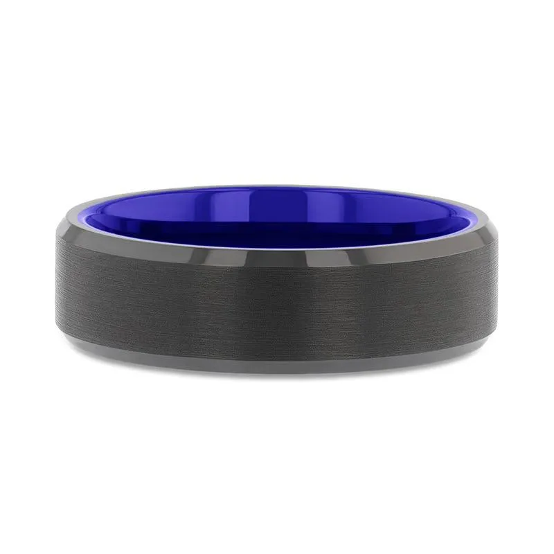 Thorsten RIGEL Flat Beveled Edges Black Tungsten Ring with Brushed Center and Vibrant Blue Ceramic Inside - 6mm & 8mm