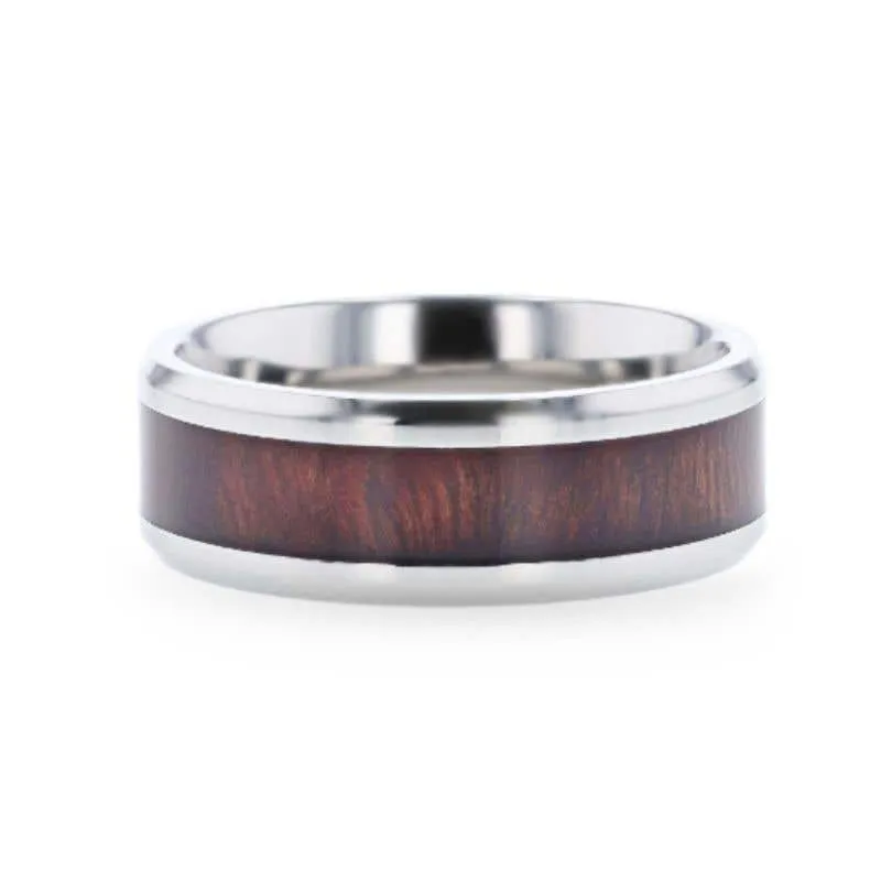 Thorsten SEQUOIA Red Wood Inlaid Titanium Flat Polished Finish Men's Wedding Ring With Beveled Edges - 8mm
