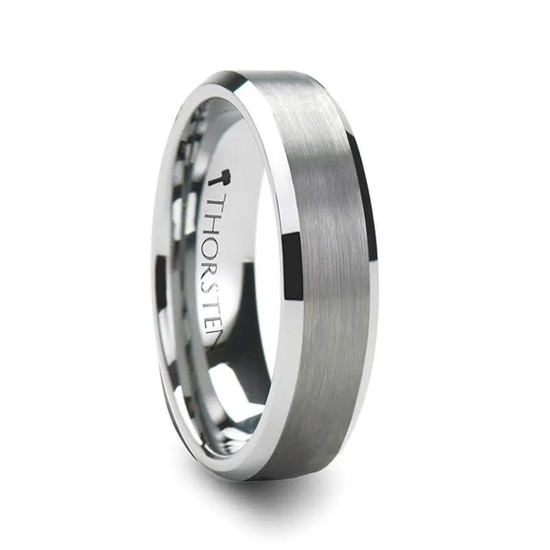 Thorsten SHEFFIELD Flat Beveled Edges Tungsten Ring with Brushed Center - 4mm to 12mm
