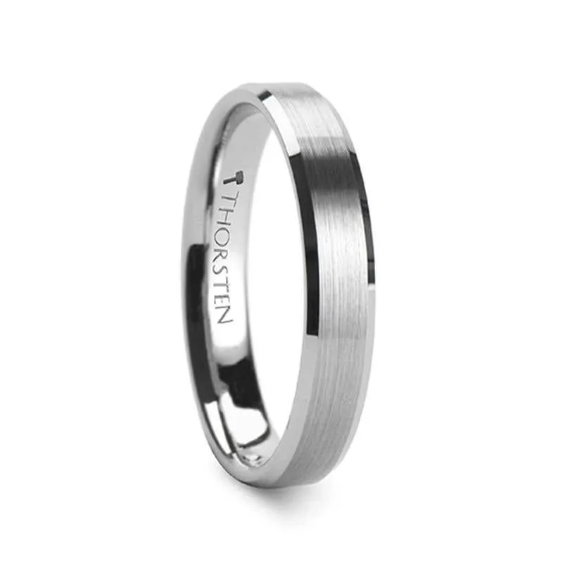 Thorsten SHEFFIELD Flat Beveled Edges Tungsten Ring with Brushed Center - 4mm to 12mm