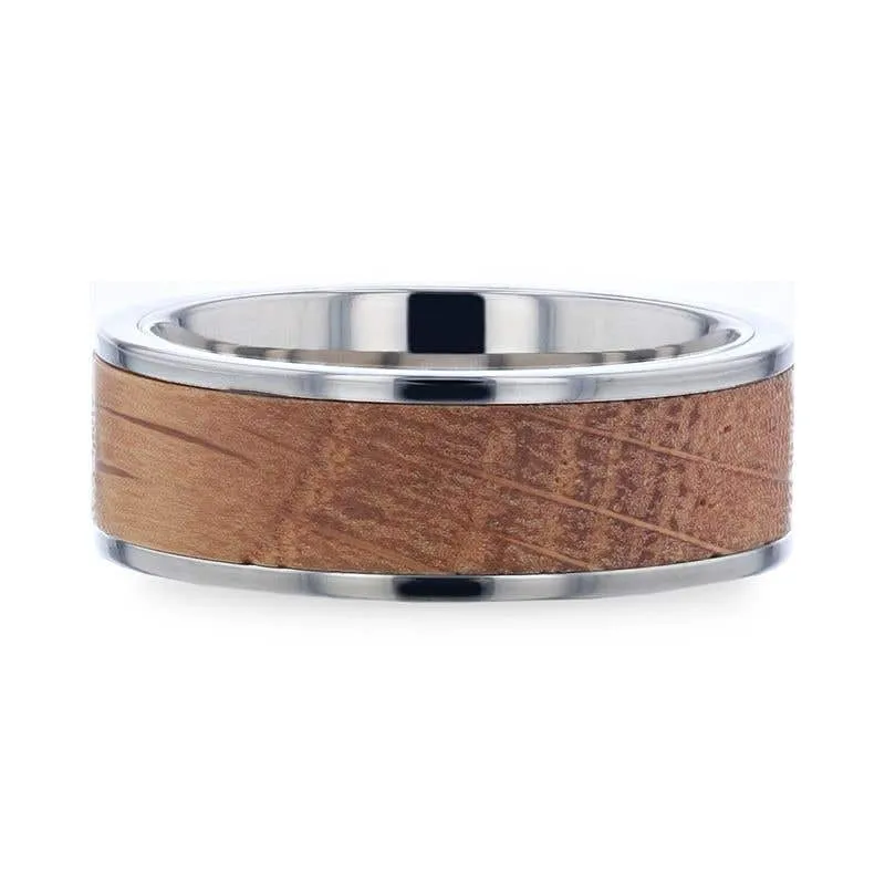 Thorsten STILL Whiskey Barrel Wood Inlaid Titanium Men's Wedding Band With Flat Polished Edges Made From Genuine Whiskey Barrels - 8mm