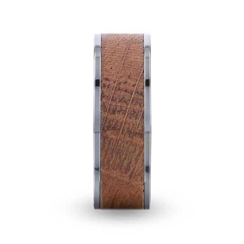 Thorsten STILL Whiskey Barrel Wood Inlaid Titanium Men's Wedding Band With Flat Polished Edges Made From Genuine Whiskey Barrels - 8mm