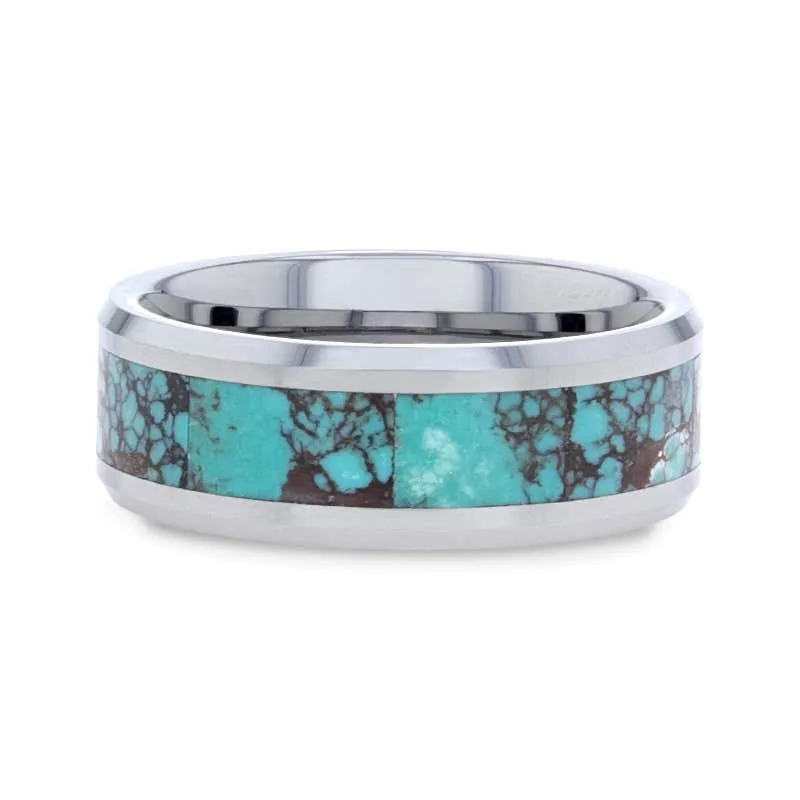 Thorsten TURKIS Turquoise Spider Web Inlay Tungsten Carbide ring with Beveled Polished Edges - 8mm