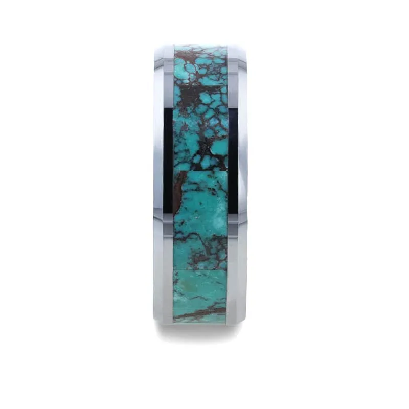 Thorsten TURKIS Turquoise Spider Web Inlay Tungsten Carbide ring with Beveled Polished Edges - 8mm