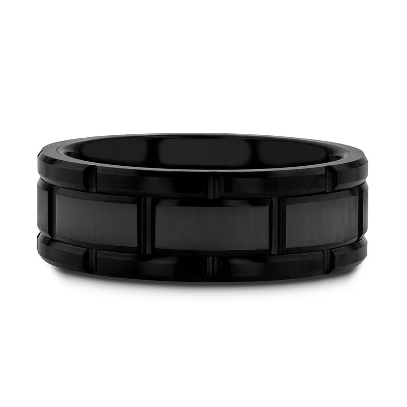 Thorsten WINDSOR Beveled Black Tungsten Carbide Wedding Band with Brush Finished Center and Alternating Grooves - 8mm or 10mm