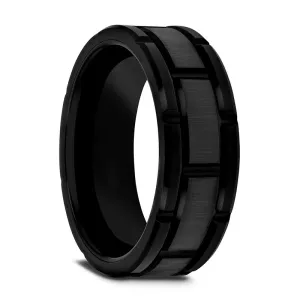Thorsten WINDSOR Beveled Black Tungsten Carbide Wedding Band with Brush Finished Center and Alternating Grooves - 8mm or 10mm
