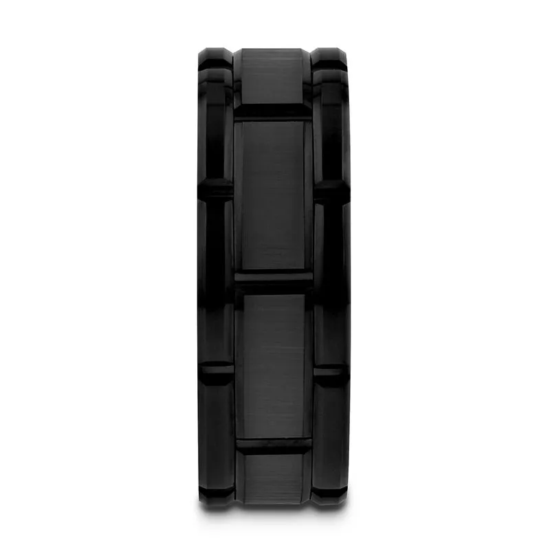 Thorsten WINDSOR Beveled Black Tungsten Carbide Wedding Band with Brush Finished Center and Alternating Grooves - 8mm or 10mm