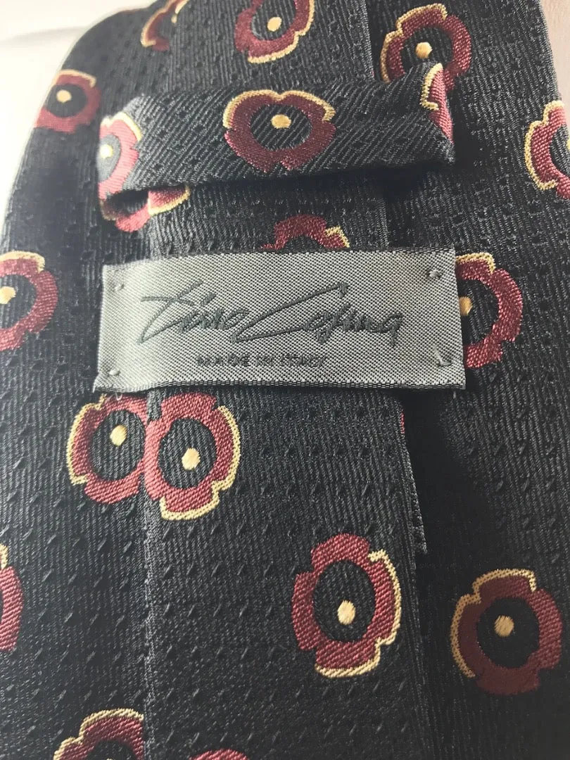 TINO COSINA Black Silk Neck Tie with Burgundy Floral Pattern 58 in.