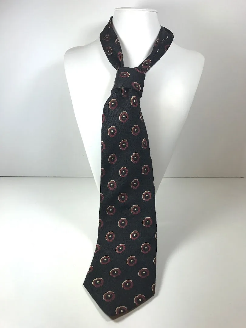 TINO COSINA Black Silk Neck Tie with Burgundy Floral Pattern 58 in.
