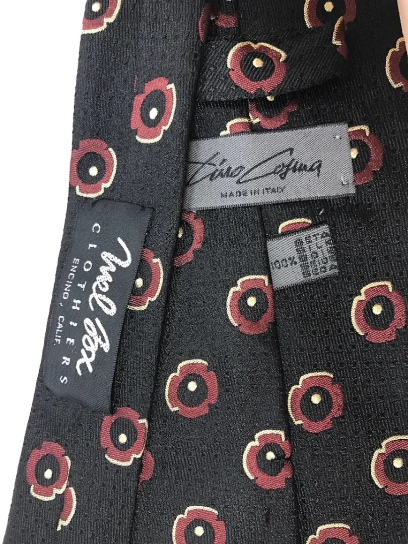 TINO COSINA Black Silk Neck Tie with Burgundy Floral Pattern 58 in.