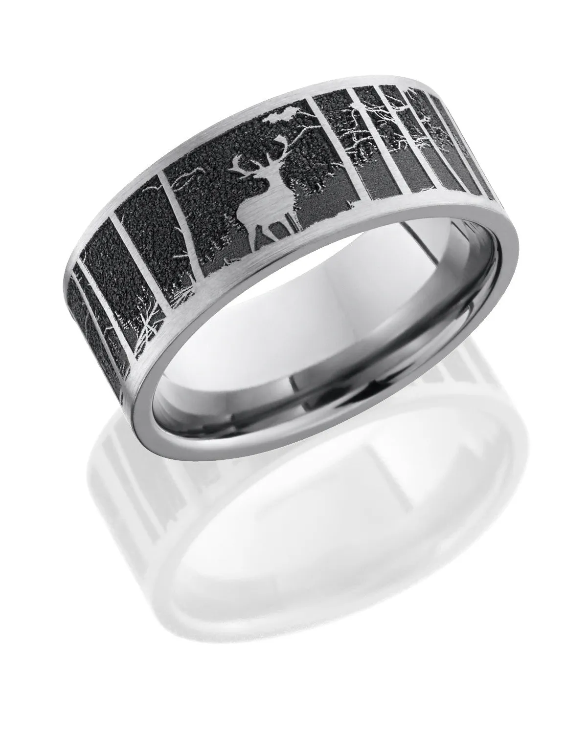 Titanium 9mm Flat Band with Laser Carved Elk Pattern