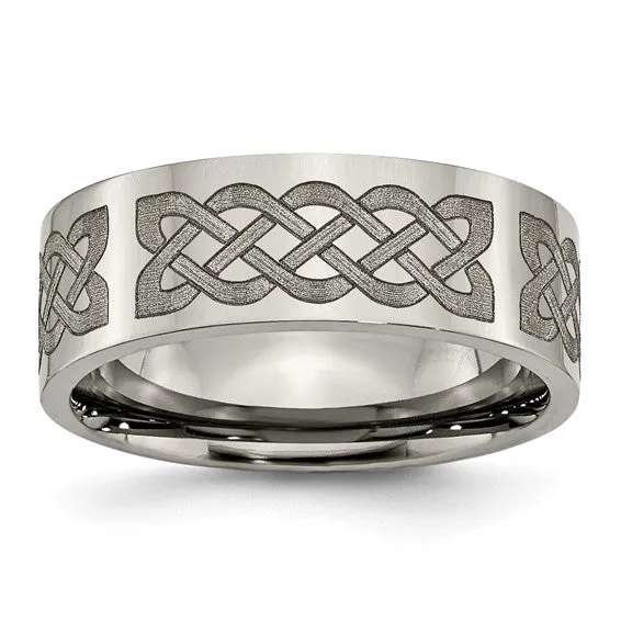 Titanium Flat 8mm Celtic Knot Laser Design Polished Band