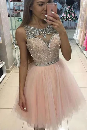 Tulle Juniors A-Line Scoop Homecoming Dress Short Prom Dresses, MH236