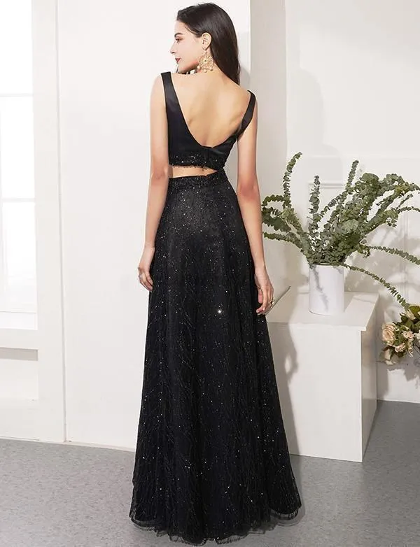 Two Piece Black Prom Dresses V Neck Evening Party Dresses  Evening Dress TP0951