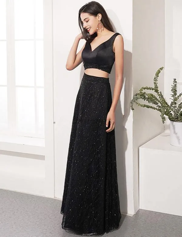 Two Piece Black Prom Dresses V Neck Evening Party Dresses  Evening Dress TP0951