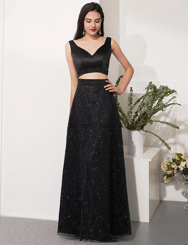Two Piece Black Prom Dresses V Neck Evening Party Dresses  Evening Dress TP0951