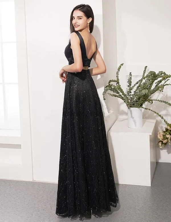 Two Piece Black Prom Dresses V Neck Evening Party Dresses  Evening Dress TP0951
