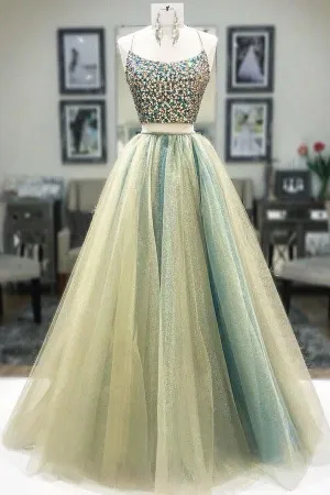 Two Piece Round Neck Tulle Beading Prom Dresses Evening Dresses TP1080