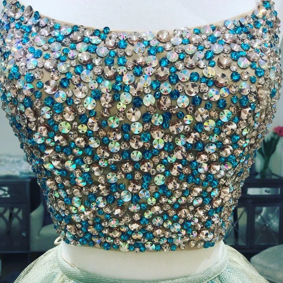 Two Piece Round Neck Tulle Beading Prom Dresses Evening Dresses TP1080