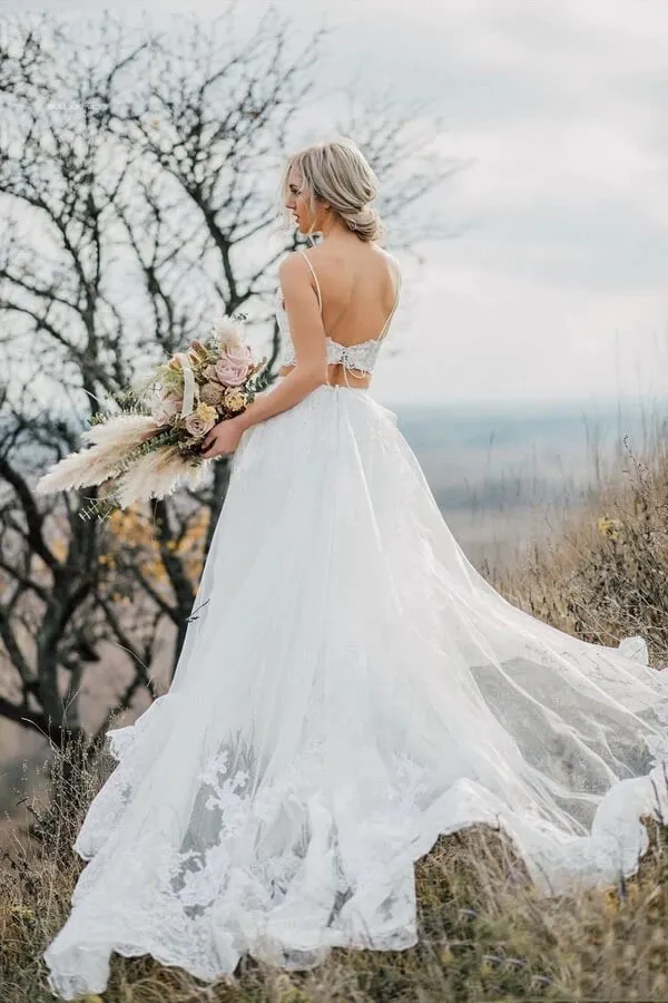 Two Pieces Lace Appliques Straps Beach Wedding Dresses Bridal Gown TN340