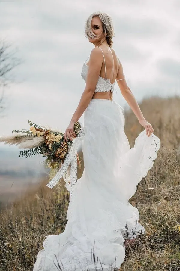 Two Pieces Lace Appliques Straps Beach Wedding Dresses Bridal Gown TN340
