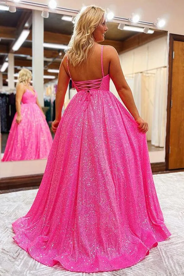 V Neck Spaghetti Straps Hot Pink Long Prom Dresses with Pockets TP1082