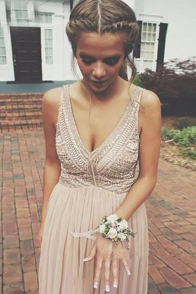 V Neck Top Beaded Fashion Elegant Floor-Length Beautiful Prom Dresses, Party Evening dress, PD0653