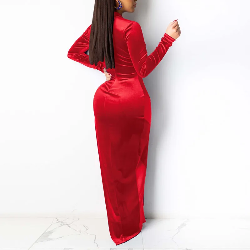 Velvet Sheer Mesh Patchwork Long Sleeve High Split Dress