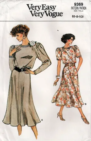 Very Easy Vogue 9369 Womens Back Buttoned Puff Sleeved Dress 1980s Vintage Sewing Pattern Size 6 - 10 UNCUT Factory Folded