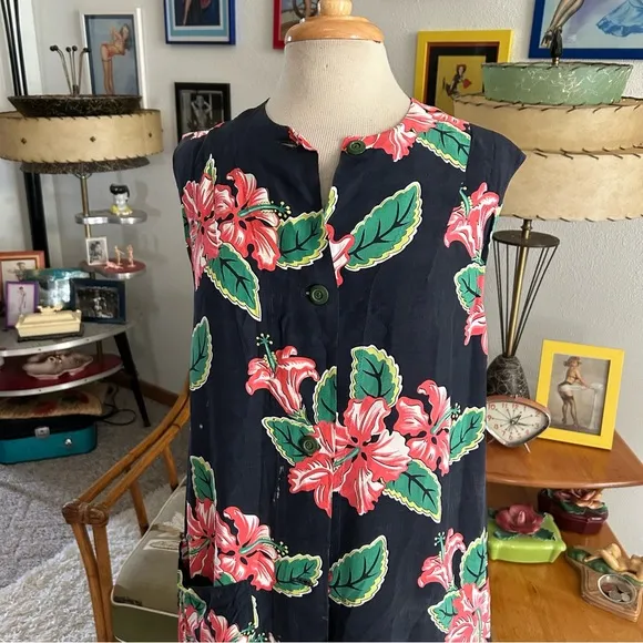 Vintage 1940s Dress Black Tropical Rayon M L Pinup Rockabilly 40s Spots