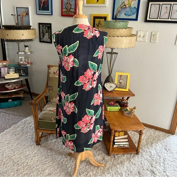 Vintage 1940s Dress Black Tropical Rayon M L Pinup Rockabilly 40s Spots