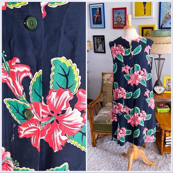 Vintage 1940s Dress Black Tropical Rayon M L Pinup Rockabilly 40s Spots