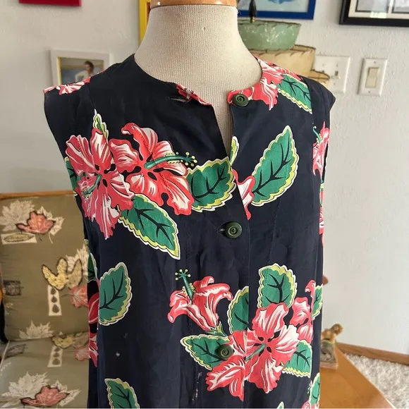 Vintage 1940s Dress Black Tropical Rayon M L Pinup Rockabilly 40s Spots
