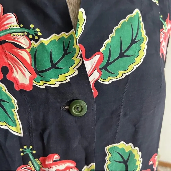 Vintage 1940s Dress Black Tropical Rayon M L Pinup Rockabilly 40s Spots