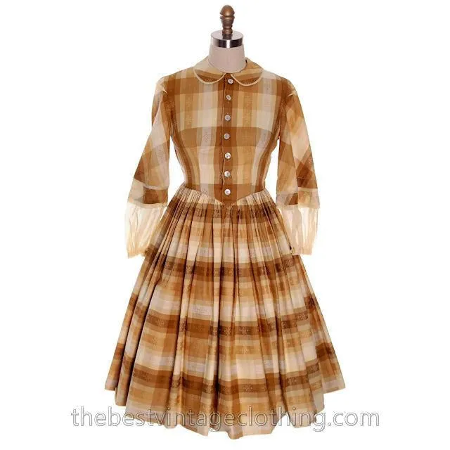 Vintage 1950s Day Dress Susan Evans Cotton Madras Plaid Full Skirt 34-26-Free Small